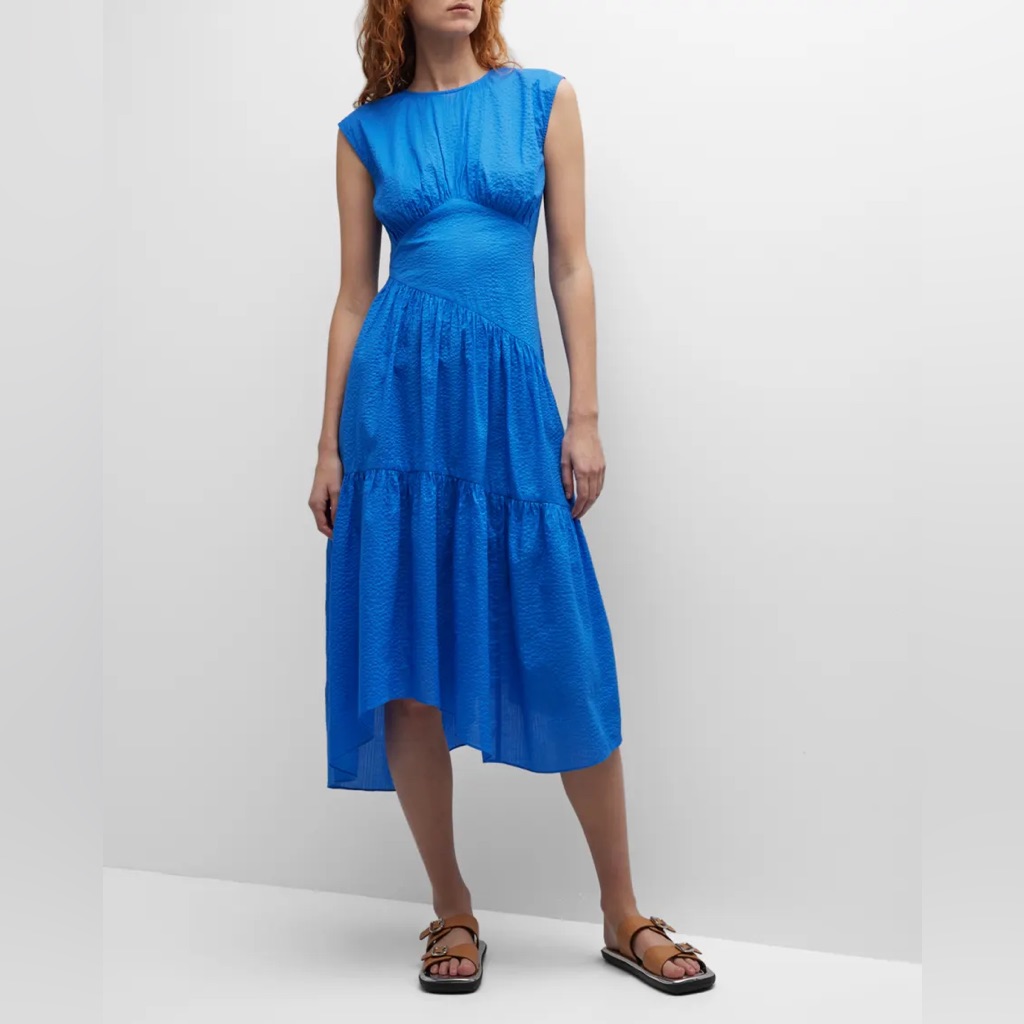 Frame Gathered Seam Cornflower Blue Midi Dress 100% Cotton S